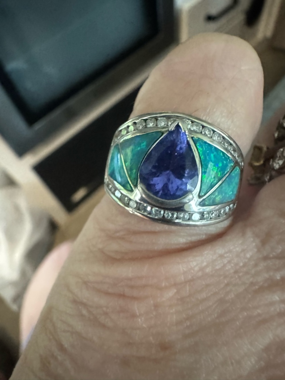 14K White Gold Ring With Pear Tanzanite,Inlay Australian Opals and Diamonds